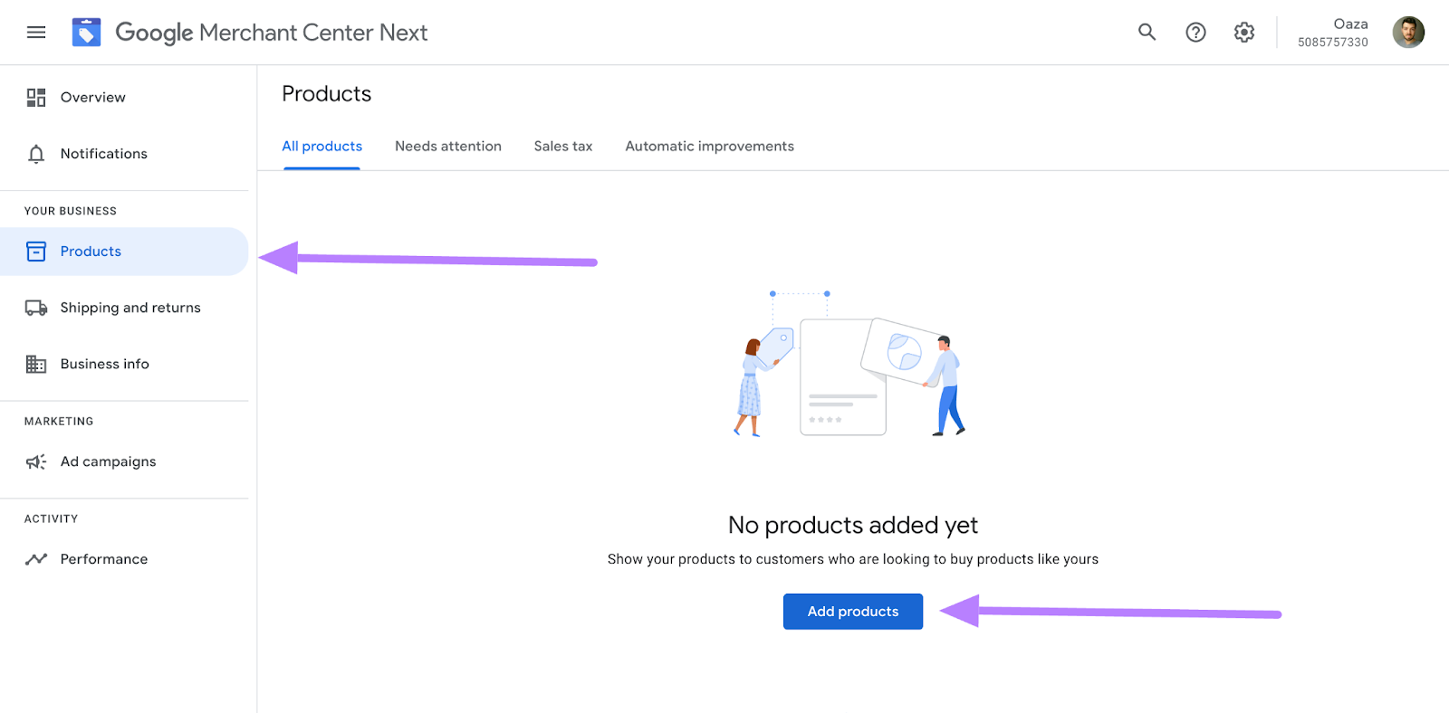 "Productos" seleccionados para el menú de Google Merchant Center
