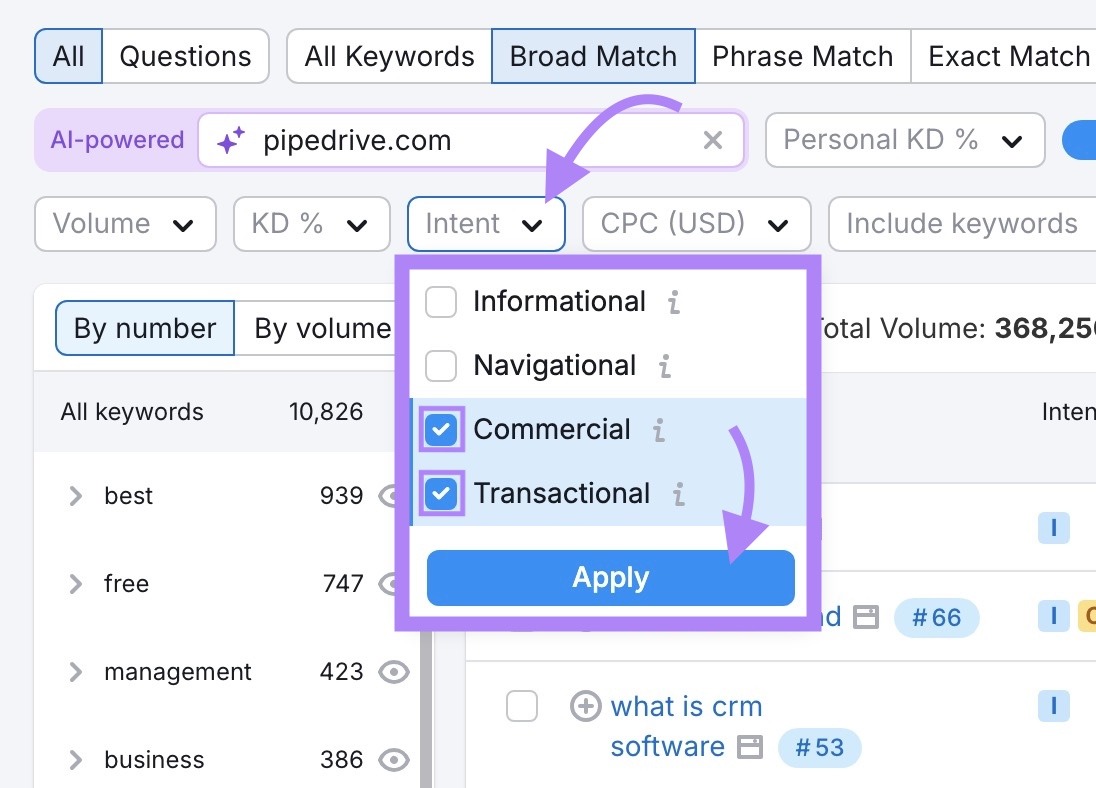 Applying the intent filter on the Keyword Magic Tool to only show commercial and transactional keywords.