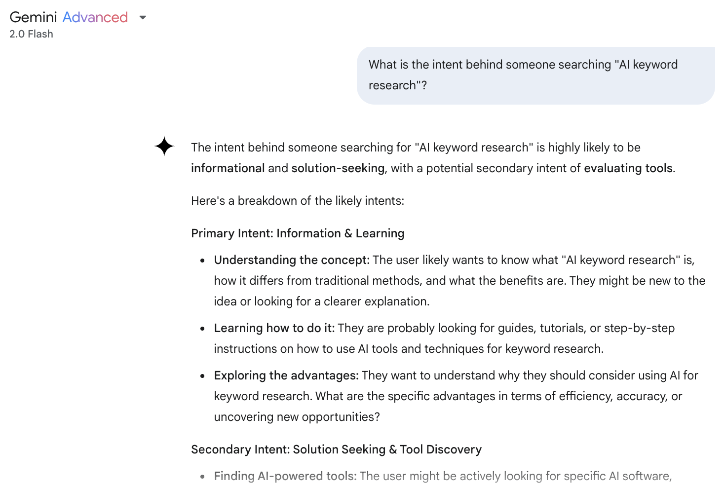 Gemini interface showing a response generated which identifies the search intent behind a keyword along with a detailed analysis.