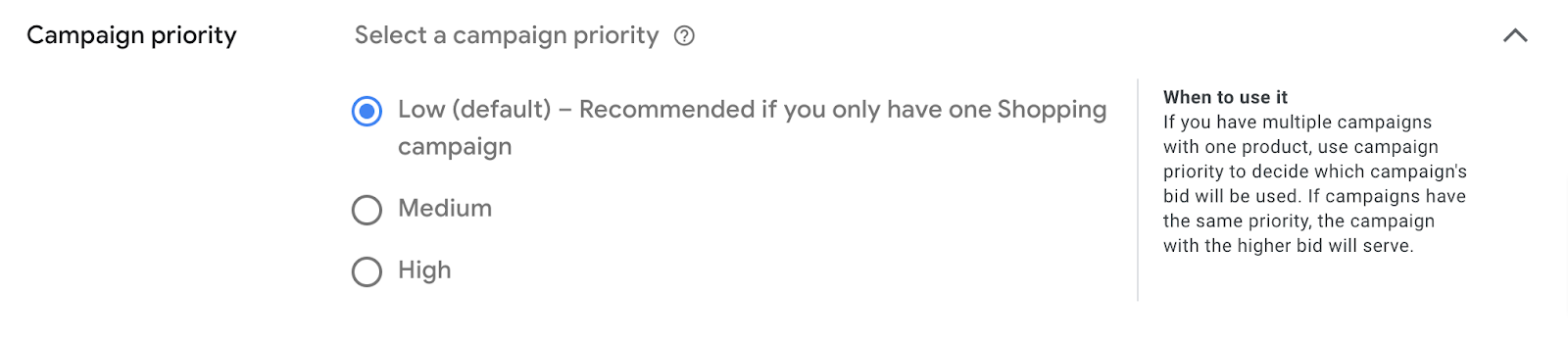 Sección "Prioridad de la campaña" en la configuración de Google Ads