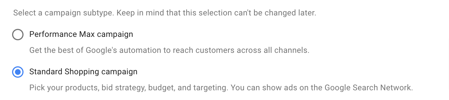 "Campaña de compra estándar" seleccionada