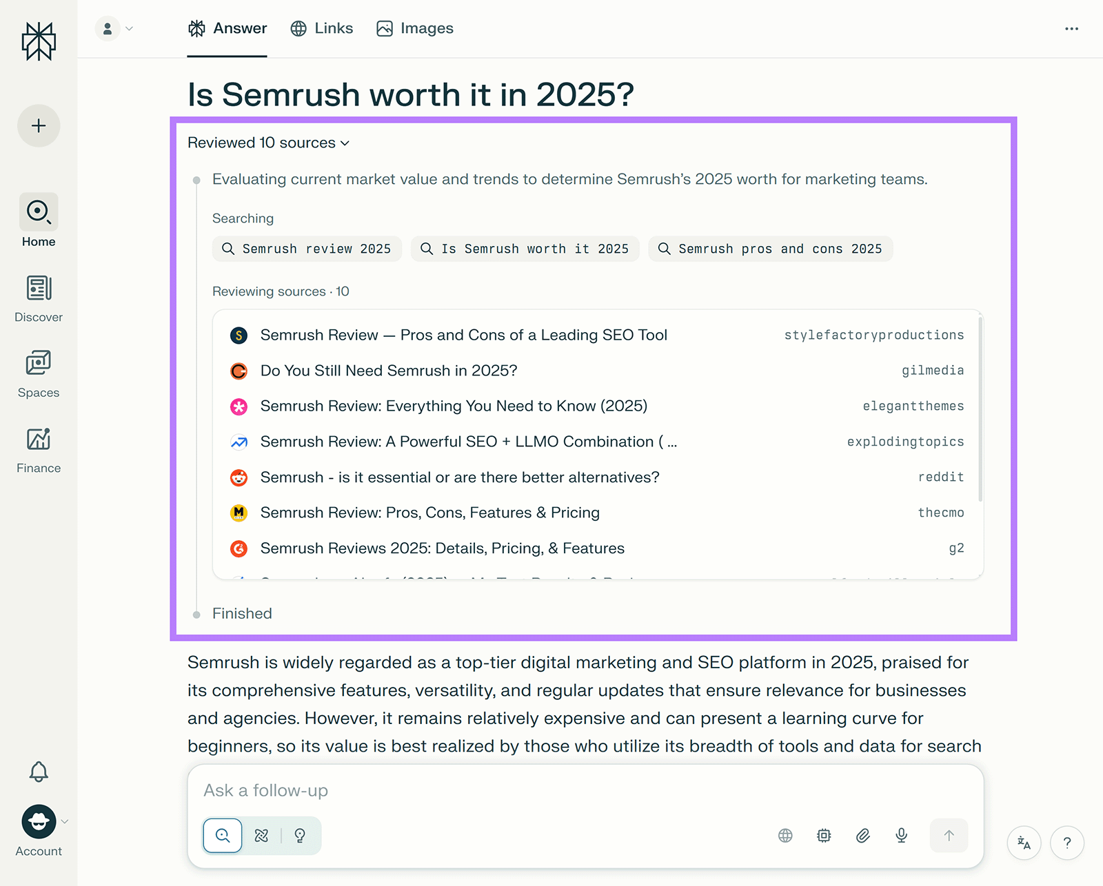 Perplexity interface showing Semrush review queries and a list of reviewed sources in a boxed results panel.