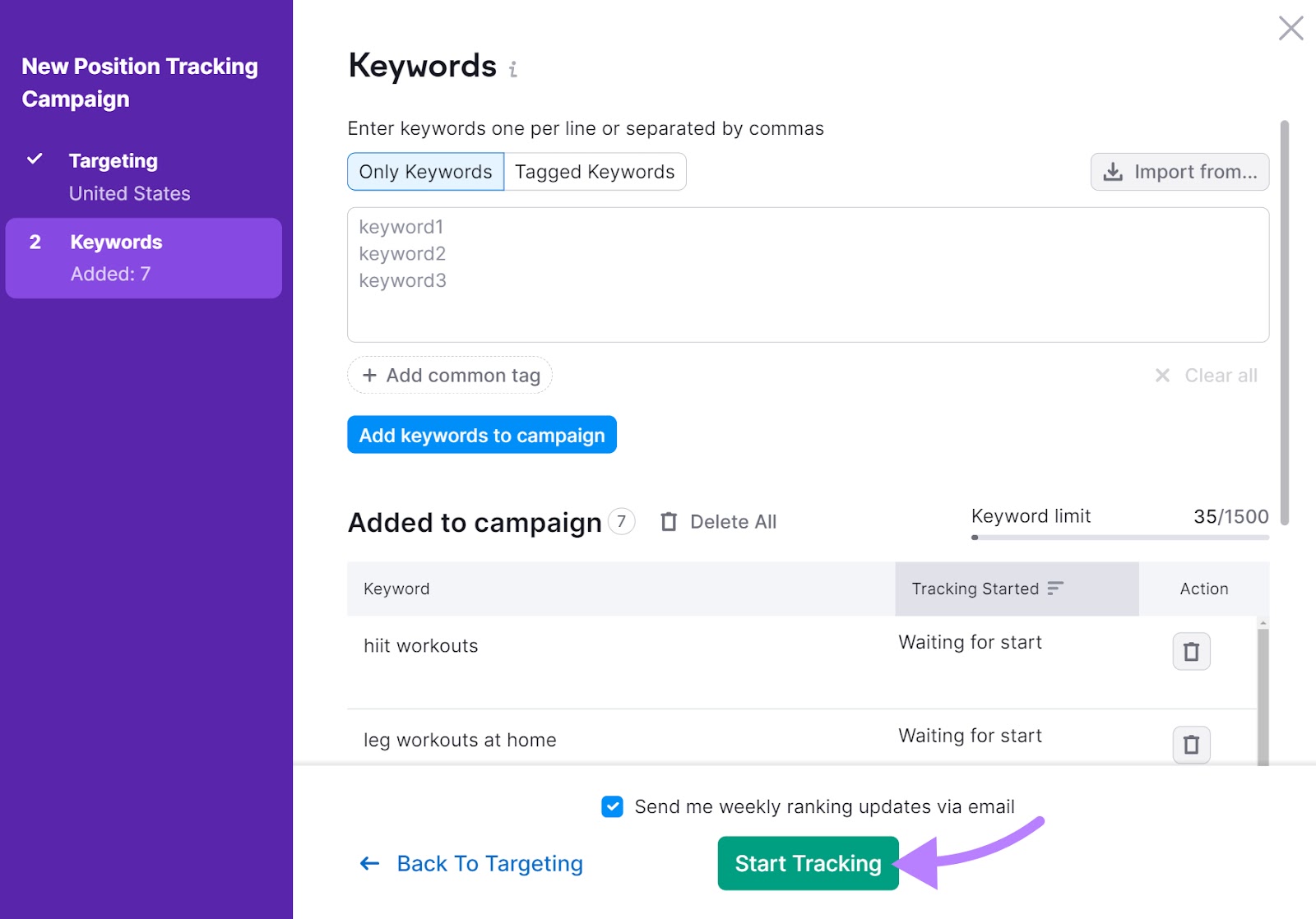 Botón "Iniciar Seguimiento" resaltado en los ajustes de Seguimiento de Posición
