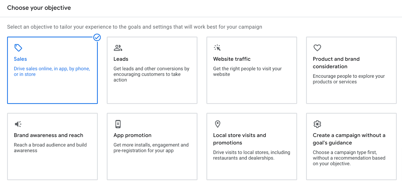 "Ventas" seleccionado en la sección "Elige tu objetivo