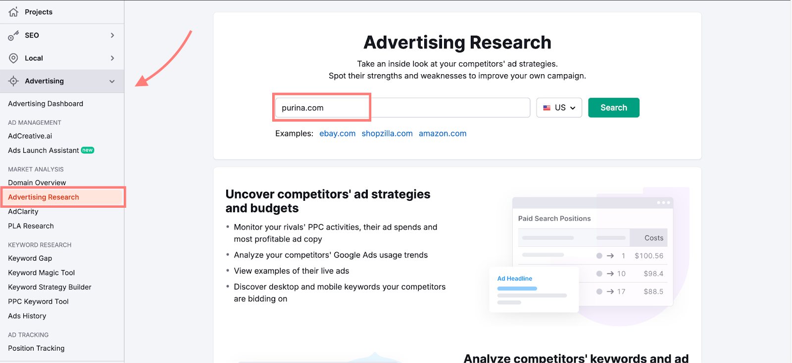 advertising research in semrush