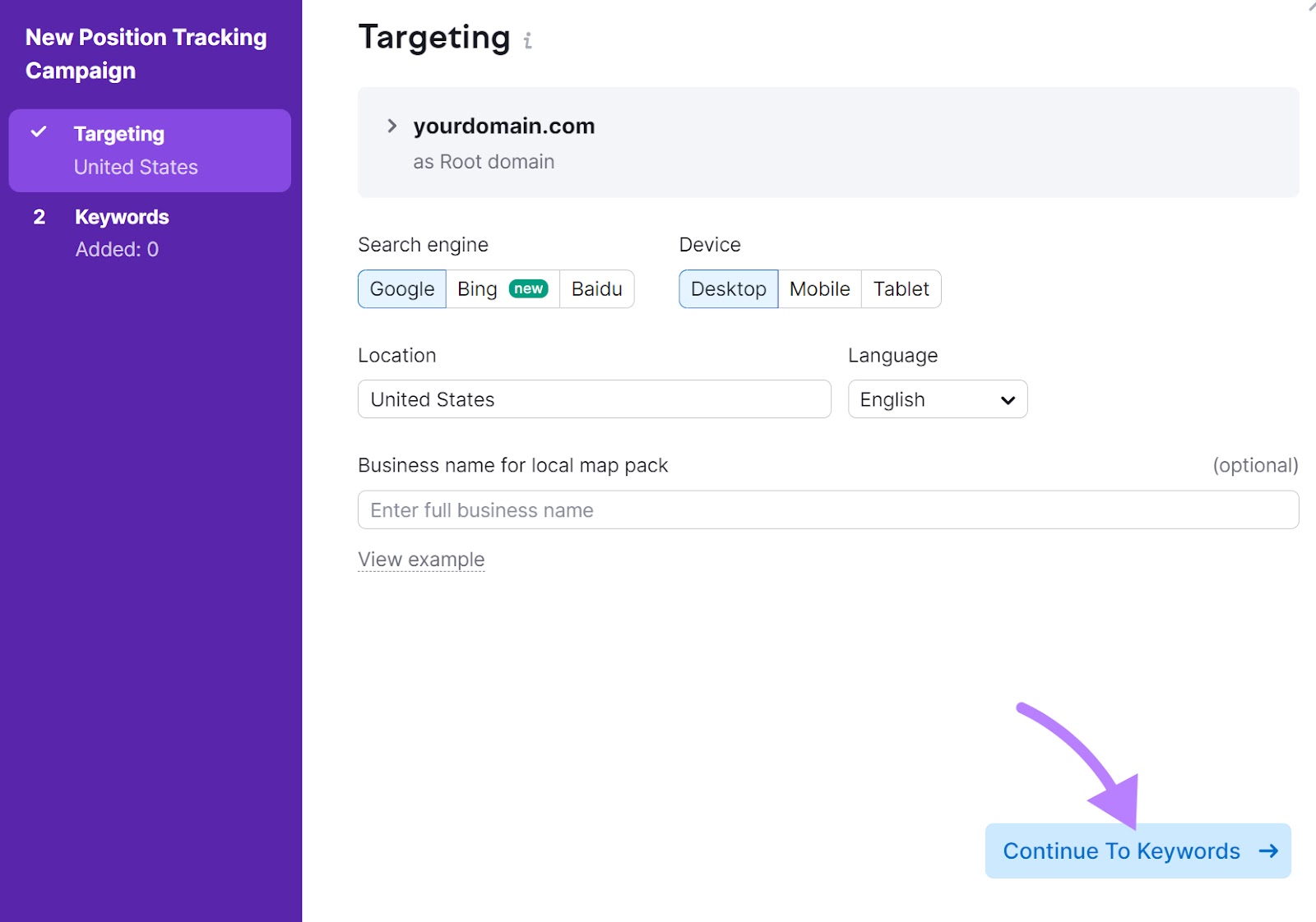 Botón "Continuar con las palabras clave" resaltado