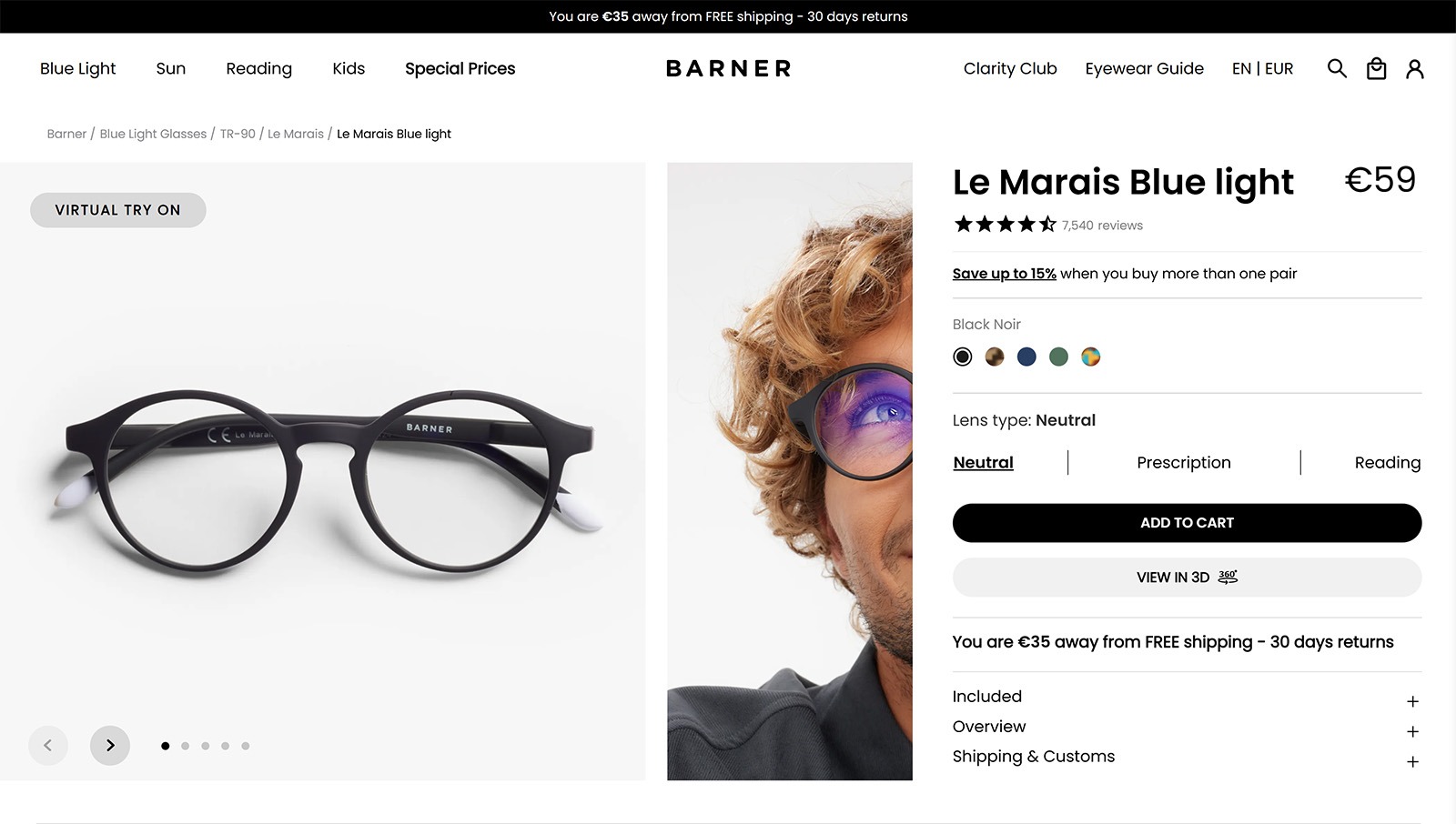 Barner Le Marais blue light glasses product page with price, color options, and Add to Cart button