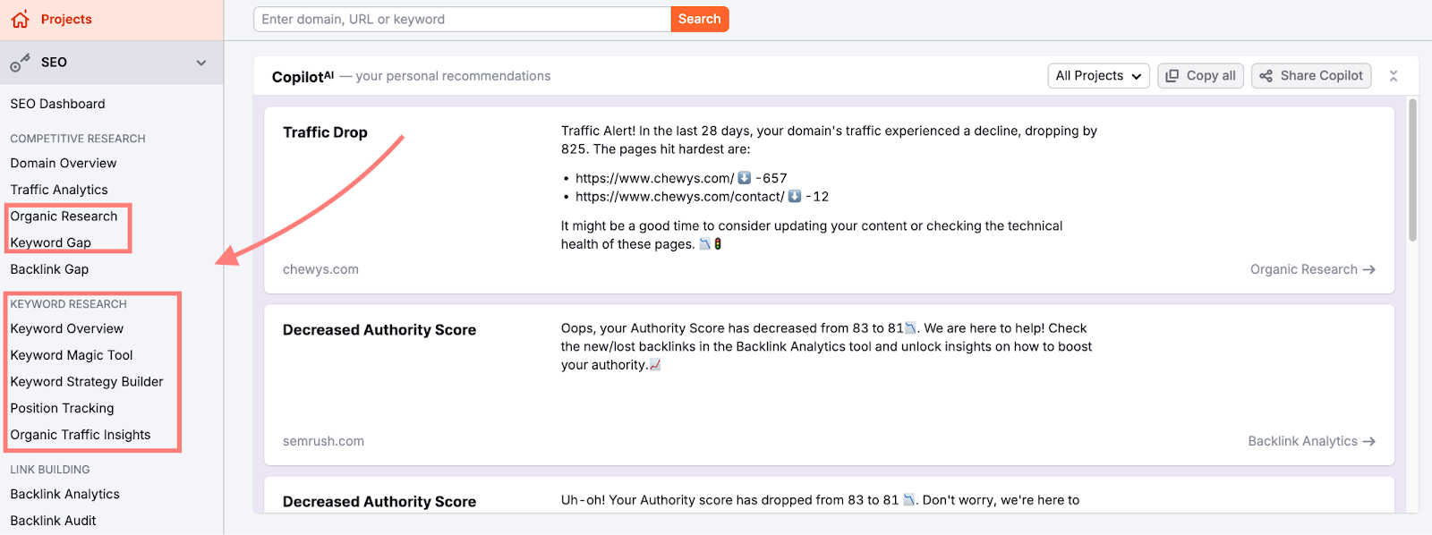 keyword research tools in semrush menu