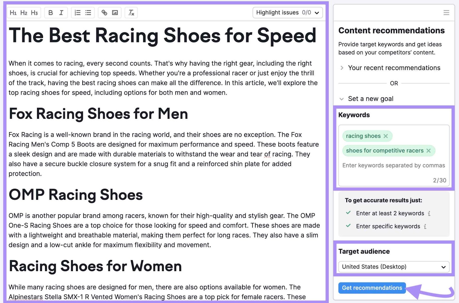 SEO Writing Assistant's text editor and content recommendations section