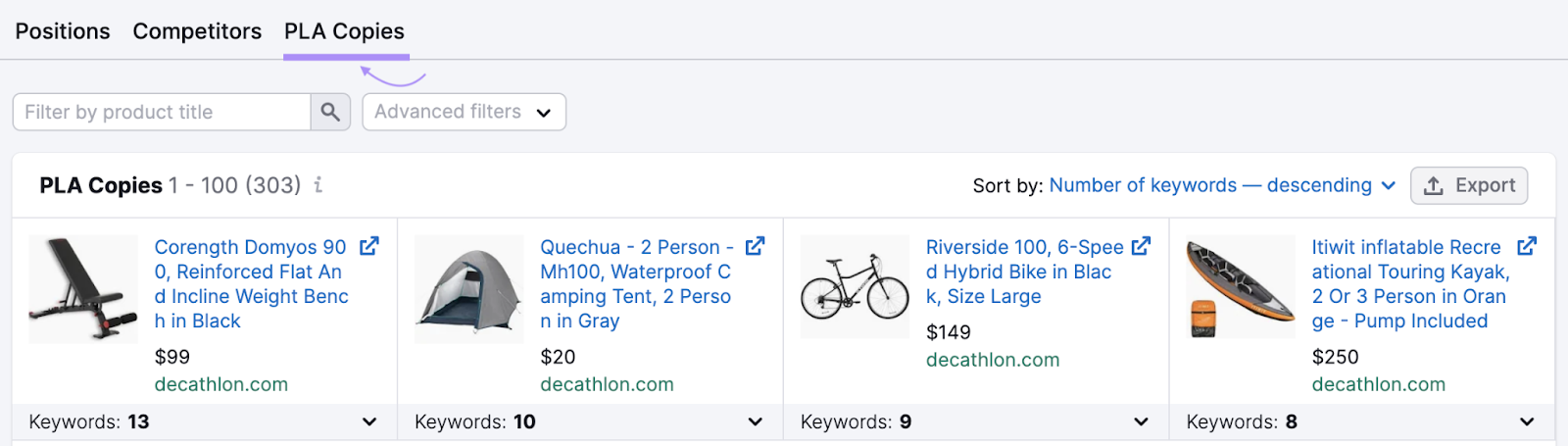 Pestaña "Copias PLA" seleccionada en la herramienta de Investigación PLA
