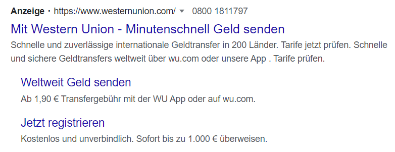 Google-Anzeige mit Sitelinks