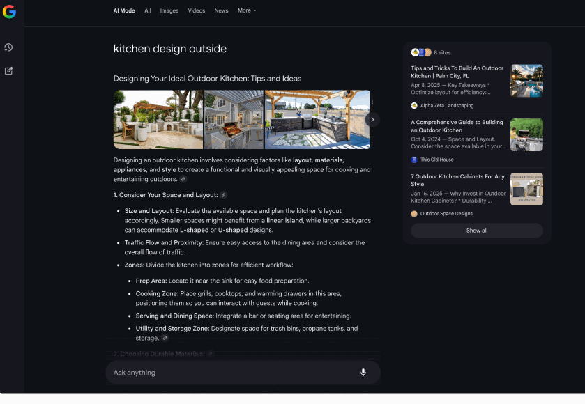 A GIF showing various types of zero-click searches in Google with AI overviews offering descriptive answers to users’ queries