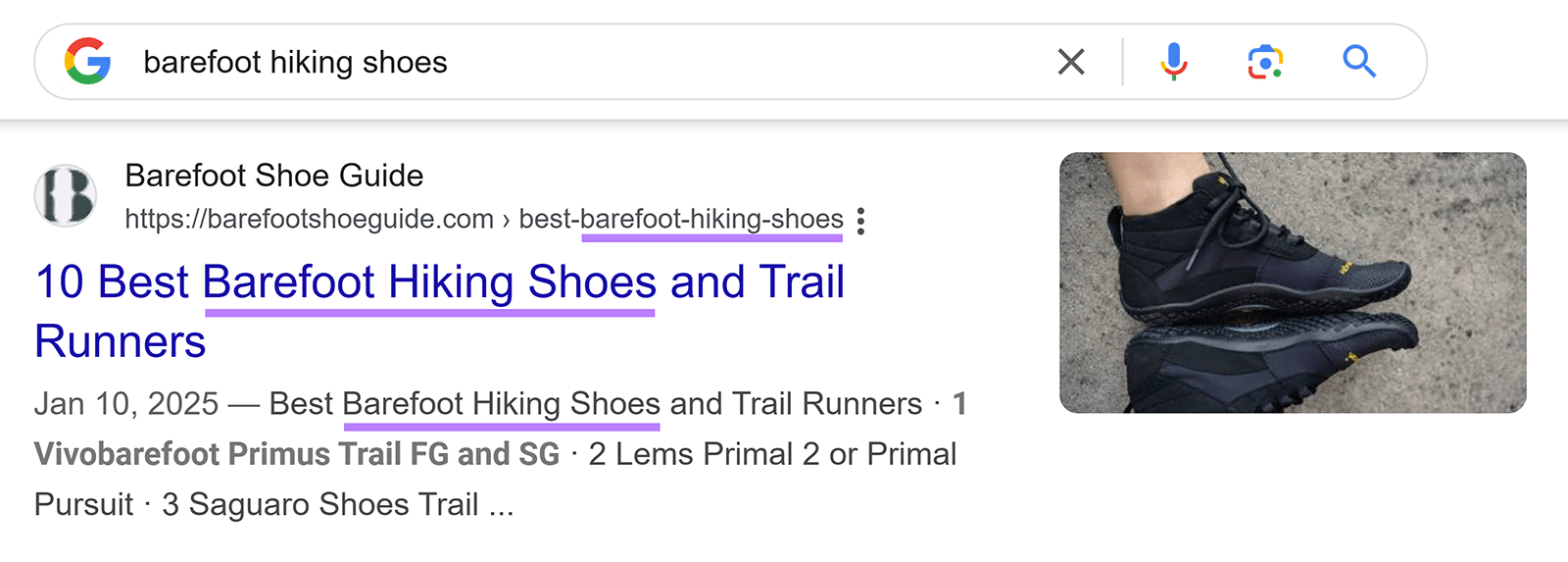 Google serp for 'barefoot hiking shoes' with keywords highlighted in URL, title, and description of result