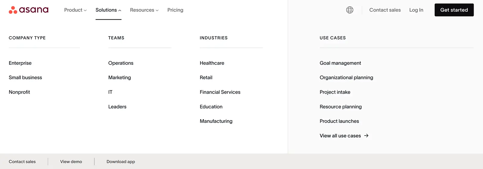 Information categorized by company type, team, industry, and use case on the Asana website.
