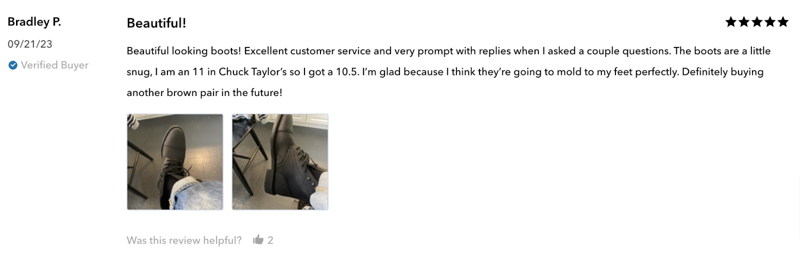 Un ejemplo de reseña de usuario para botas de hombre