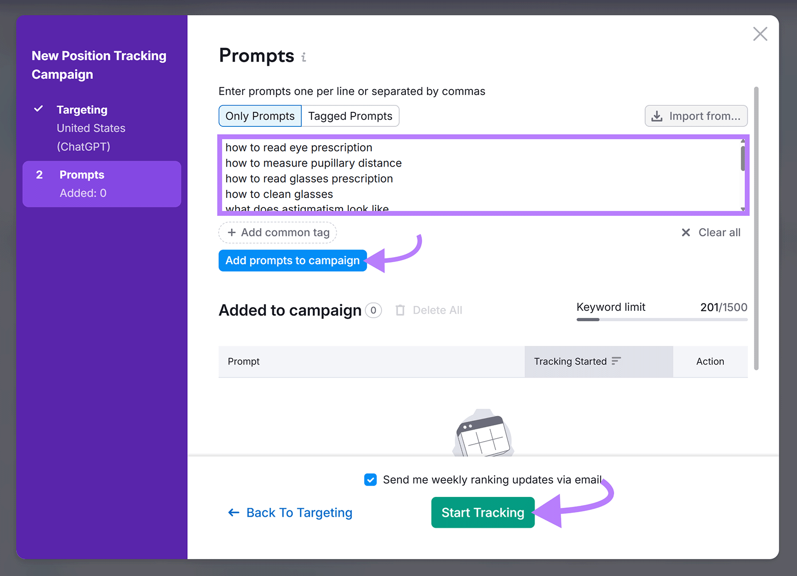 Prompt setup screen showing multiple prompts added with buttons to add and start tracking