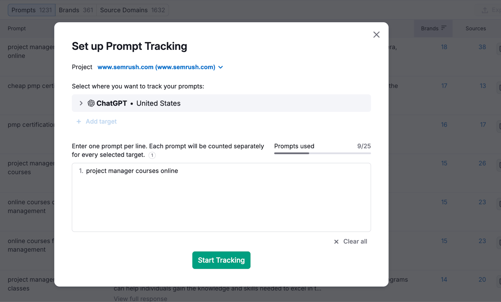 setting up prompt tracking in Semrush