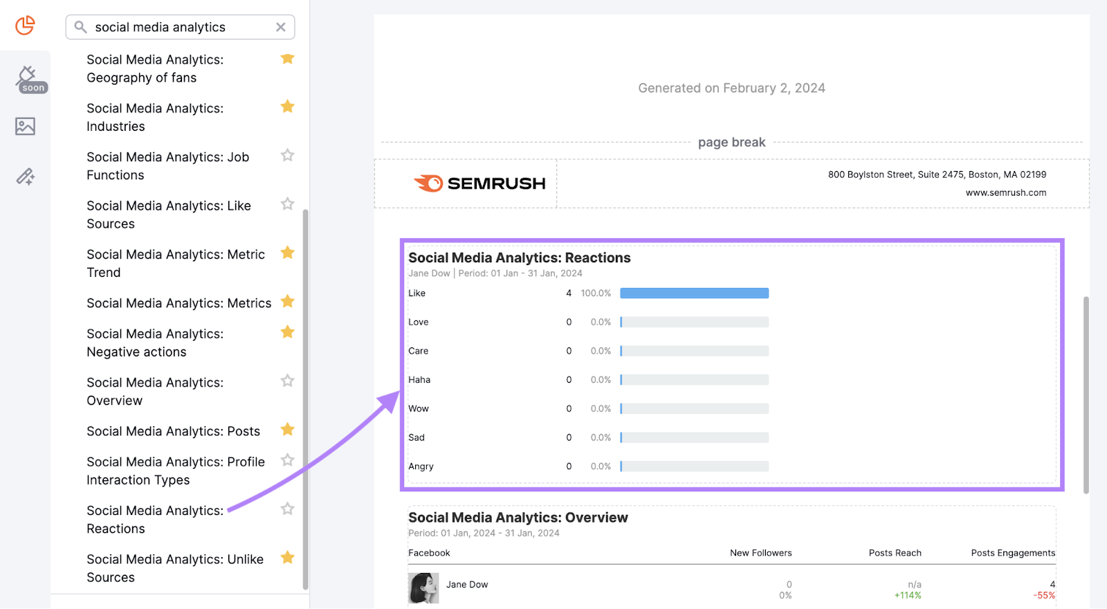 Adding “Social Media Analytics: Reactions" widget to the report