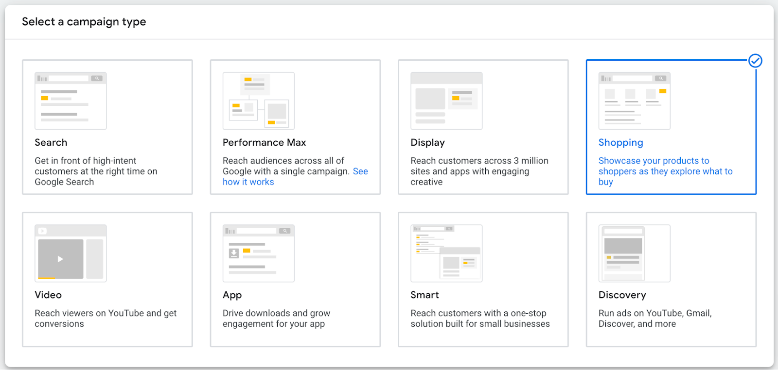 "Compras" seleccionado en la sección "Selecciona un tipo de campaña".