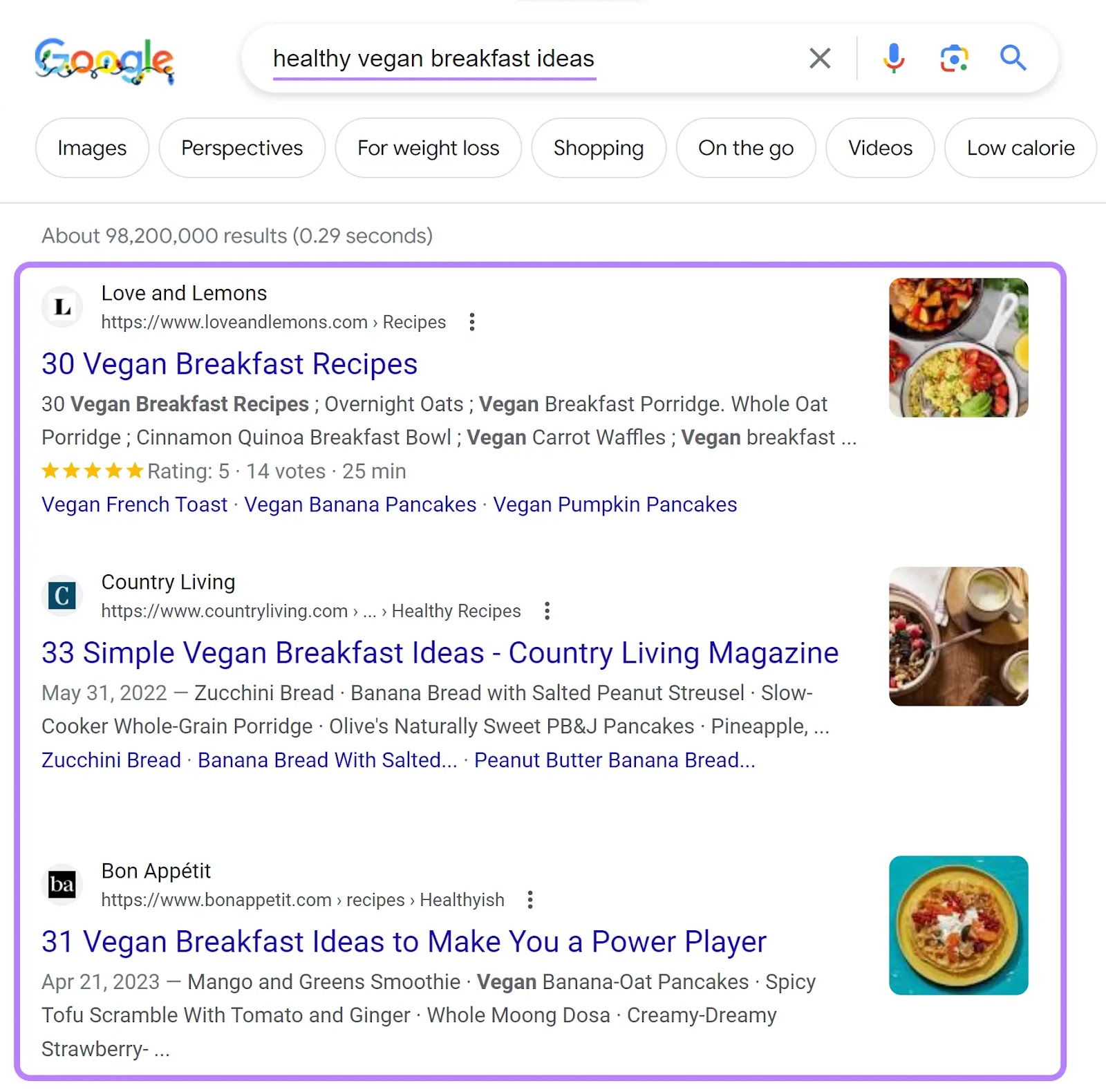SERP de Google para la consulta "healthy vegan breakfast ideas"