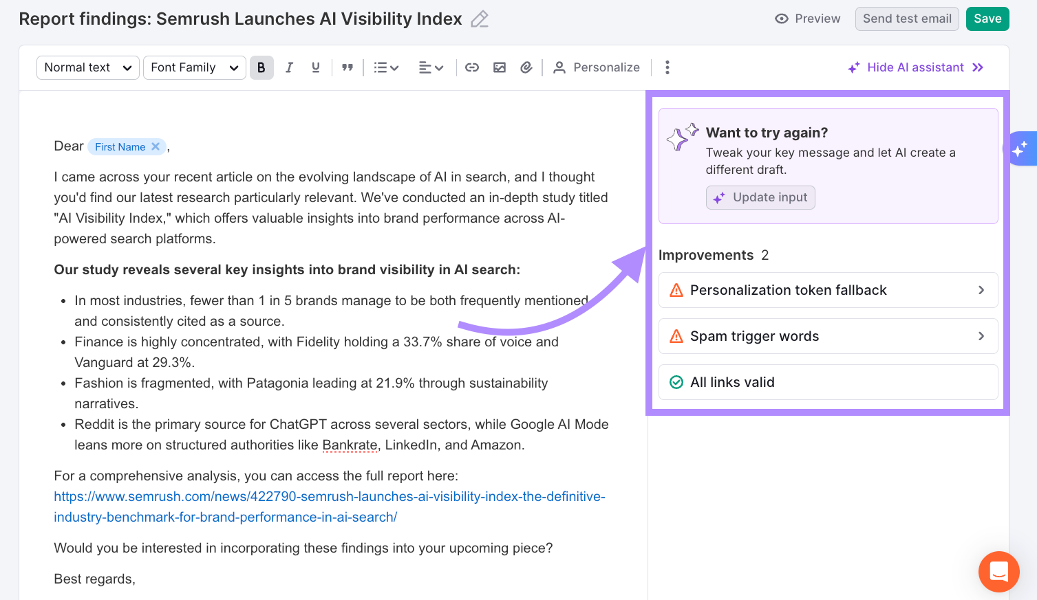 A screenshot of the AI PR Toolkit feature called Outreach, with the content improvement side panel highlighted