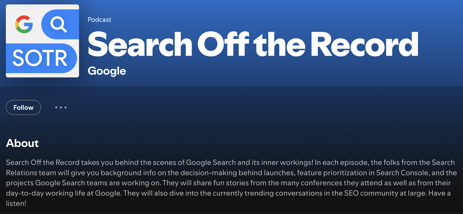Search Off the Record SEO podcast as it appears on Spotify.