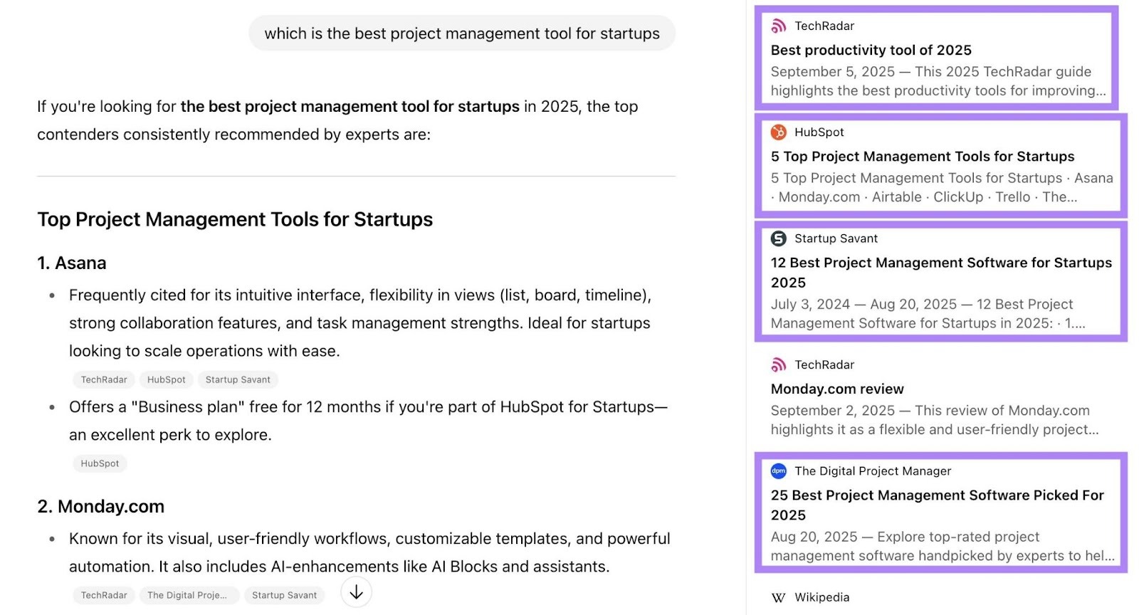 Multiple product roundup articles cited on a ChatGPT response to "which is the best project management tool for startups".