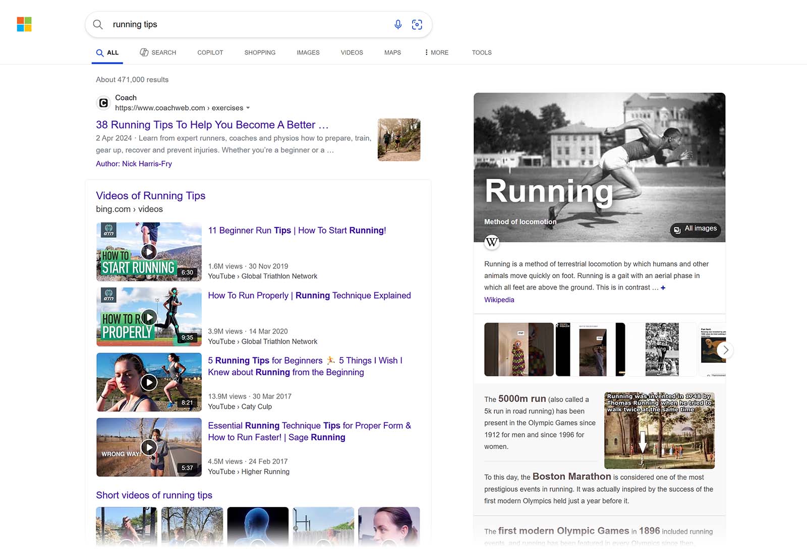 Bing results for “running tips” show a featured article, YouTube videos, and a running info panel with a sprinter photo.