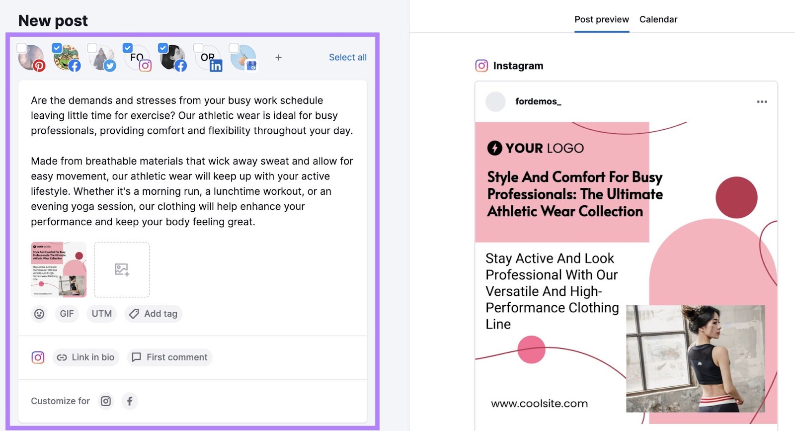 "New post" window and "Post preview" shown in Social Poster tool