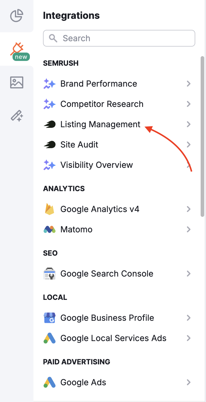 Integrations menu in My Report showing Semrush options, with Listing Management highlighted.